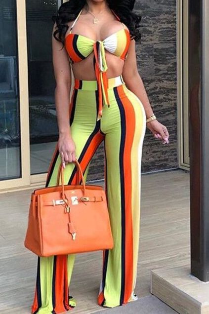 Fashion Sexy Multicolor Stripe Trousers Set