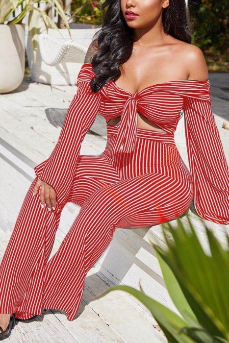 Solid Color Striped Long Sleeve Trousers Set