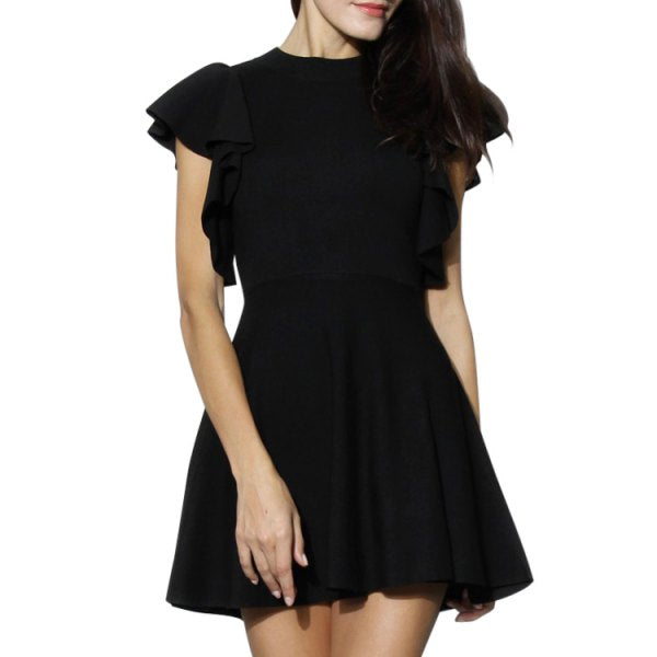 Black Knitted Skater Dress With Frilling Sleeves
