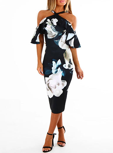 WMNS Cross Neckline Cold Shoulder Ruffle Sleeved Midi Dress - Large Floral Print