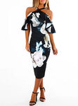 WMNS Cross Neckline Cold Shoulder Ruffle Sleeved Midi Dress - Large Floral Print