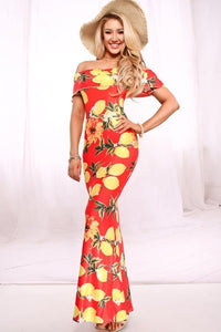 Orange Floral Fruit Print Maxi Dress