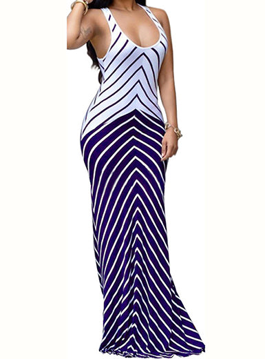 WMNS Long Dress - Scoop Neck/Two Tone Bold Stripe Design/Crisscrossed Back