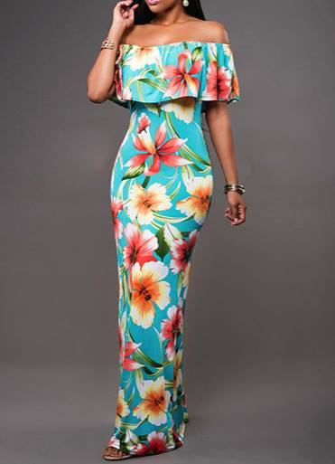 Women's Maxi Dress - Off the Shoulder Floral Print