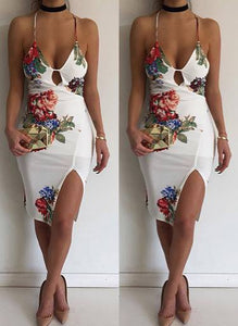 Slit in Thigh/Spaghetti Straps/Low Cut V Neck Floral Dress