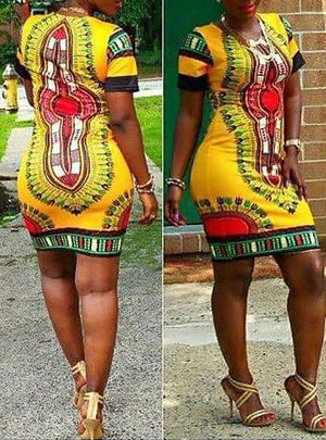 African Themed Bodycon Dress - Knee Length/Short Sleeve