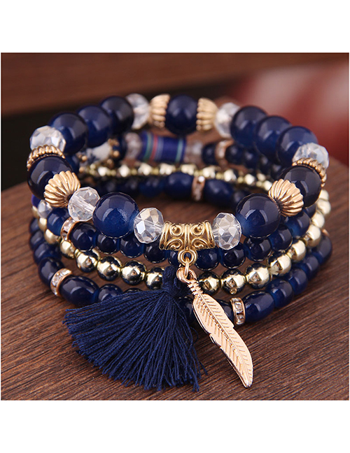 Fashion Blue Acrylic Beaded Fringe Leaf Pendant Multi-Layer Bracelet.