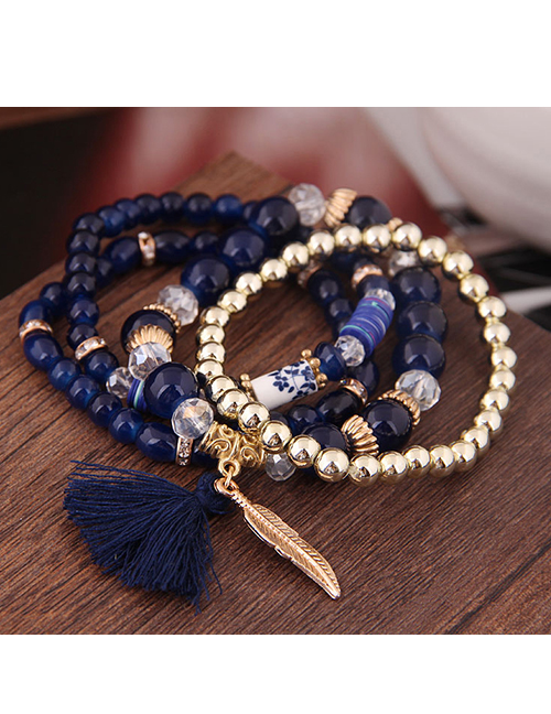 Fashion Blue Acrylic Beaded Fringe Leaf Pendant Multi-Layer Bracelet.