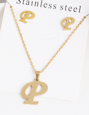 Fashion Gold Stainless Steel Letter Necklace and Earring Sets