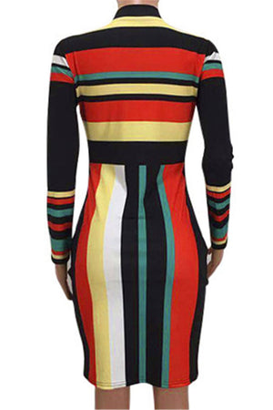 Stylish Multi-Color Stripe Printing Stretch Slim Round Neck Dress