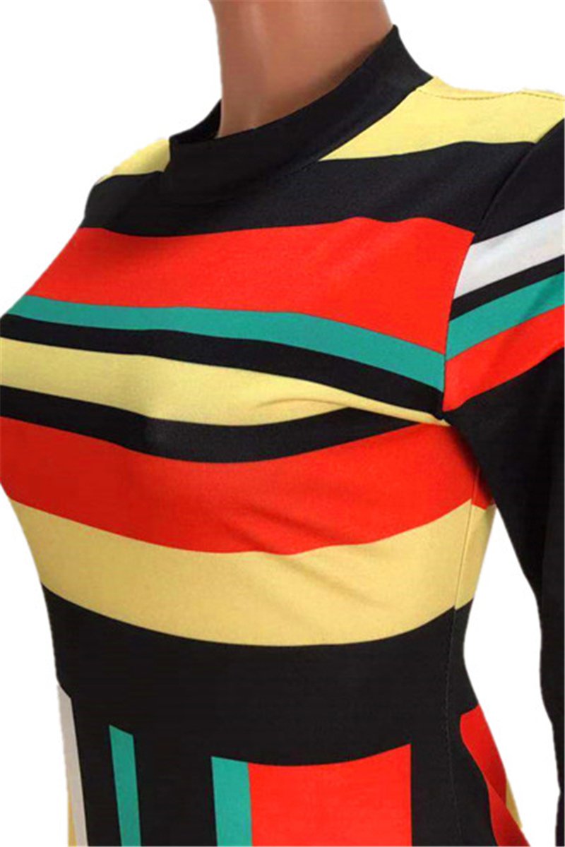 Stylish Multi-Color Stripe Printing Stretch Slim Round Neck Dress