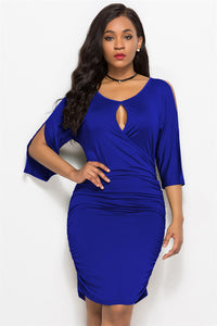 Solid Color Hollow Pleated Elbow Sleeve Stretch-Fit Dress