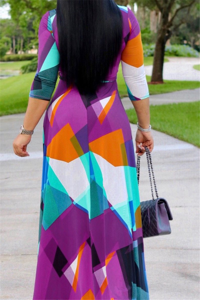 Stylish Multi-Color Batch Printing Three-Quarter Sleeve Stretch Dress (with Belt)