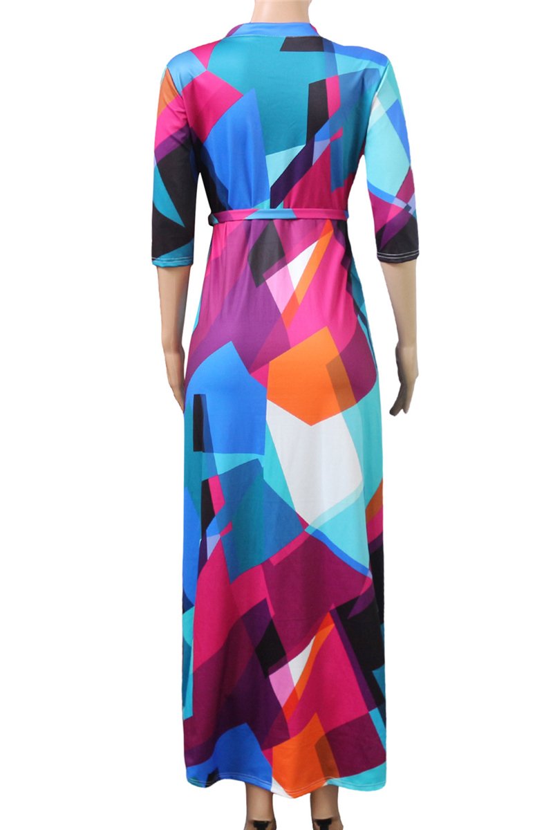 Stylish Multi-Color Batch Printing Three-Quarter Sleeve Stretch Dress (with Belt)