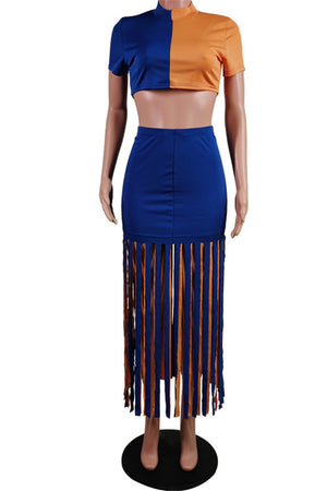 Two Colors Stretch Tassels Sexy Spliced Two-Piece Set