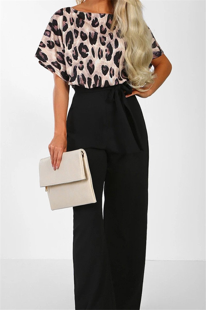Leopard Printed Spliced Belted Stylish Loose Jumpsuit