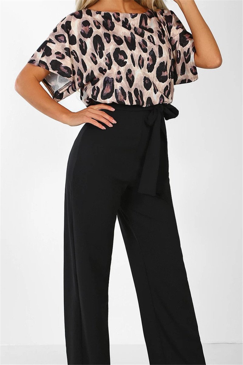 Leopard Printed Spliced Belted Stylish Loose Jumpsuit
