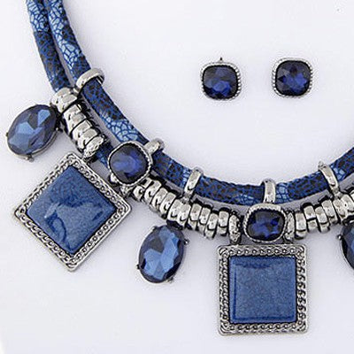 Fashion Blue Gemstone Decorated Square Shape Design
