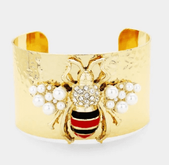 Gold Metal Cuff with Gold, Red, and Black Bee with Pearls Bracelet