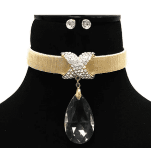 Gold Necklace with Clear Teardrop and Rhinestone Dip with Earrings