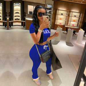 Blue Sexy Letter Solid Color Tight Two-Piece Pant Set