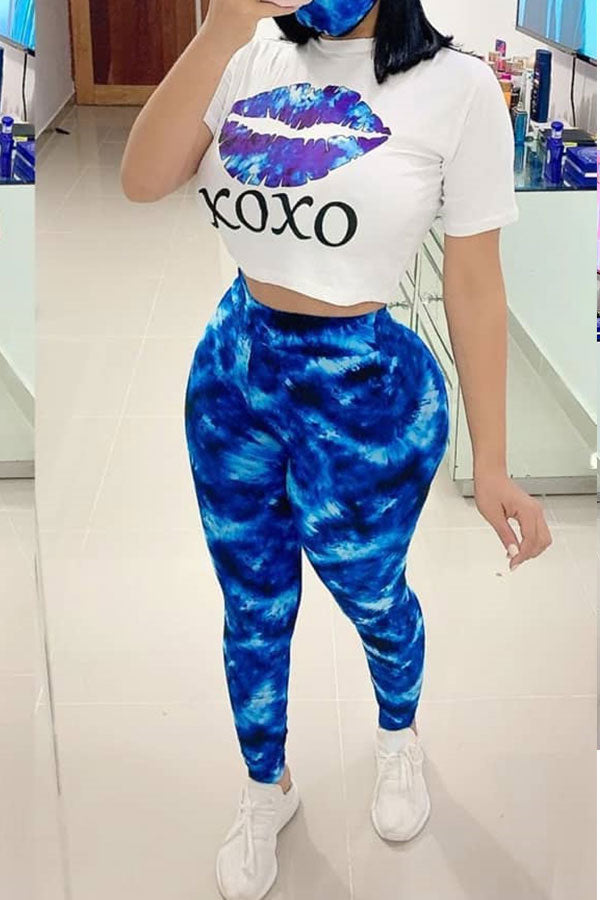 Blue Polyester Street Letter Patchwork Lips Print Short Sleeves Pencil Pants Two-Set (Mask not Included)
