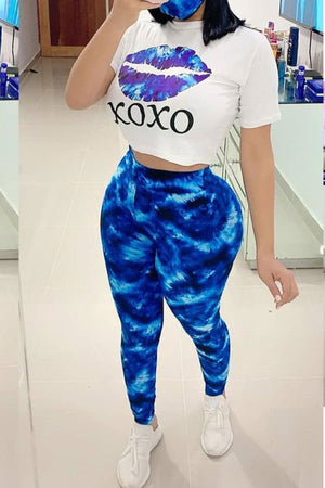 Blue Polyester Street Letter Patchwork Lips Print Short Sleeves Pencil Pants Two-Set (Mask not Included)