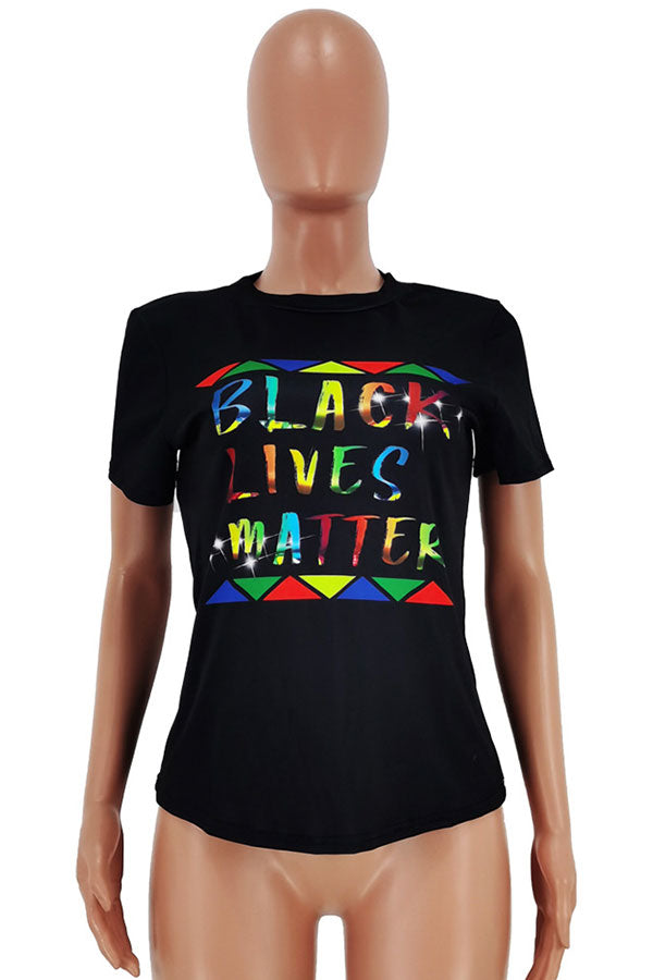Black Polyester O-Neck Short Sleeve Letter Patchwork Print Slim Shirt