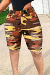 Brown Camouflage Denim Button Fly Mid Patchwork Print Hole Short