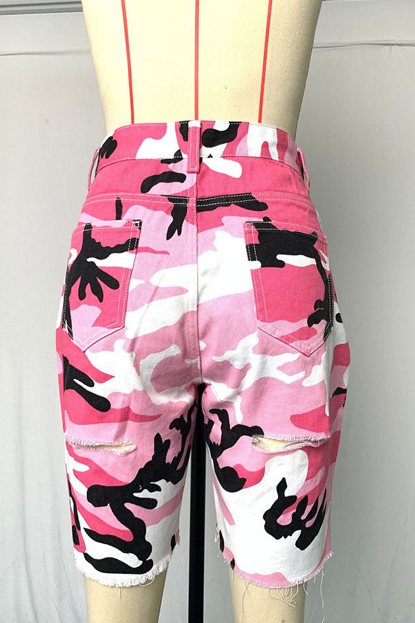 Pink Camouflage Denim Button Fly Mid Patchwork Print Hole Short