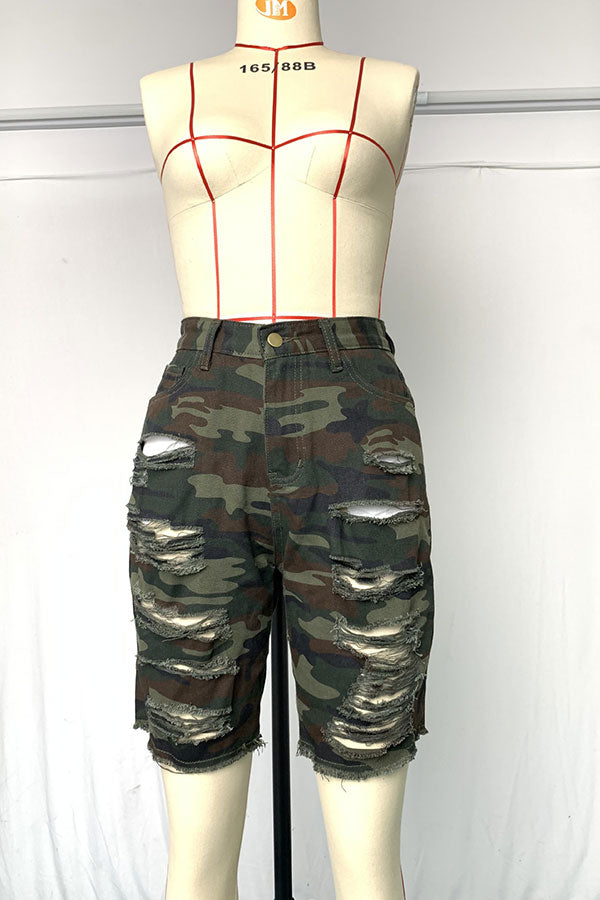 Grey Camouflage Denim Button Fly Mid Patchwork Print Hole Short