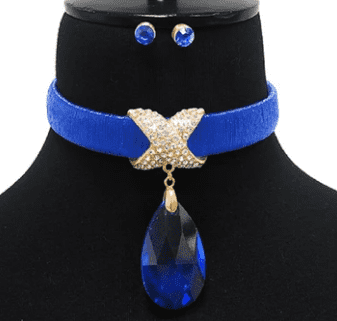 Royal Blue Necklace with Clear Teardrop and Rhinestone Dip with Earrings