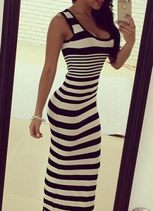 Maxi Dress - Black and White / Horizontal Stripes / Sleeveless