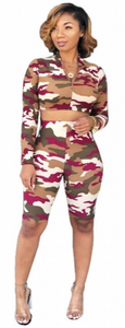 Camouflage Deep V Long Sleeve Two-Piece Set