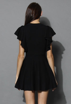 Black Knitted Skater Dress With Frilling Sleeves